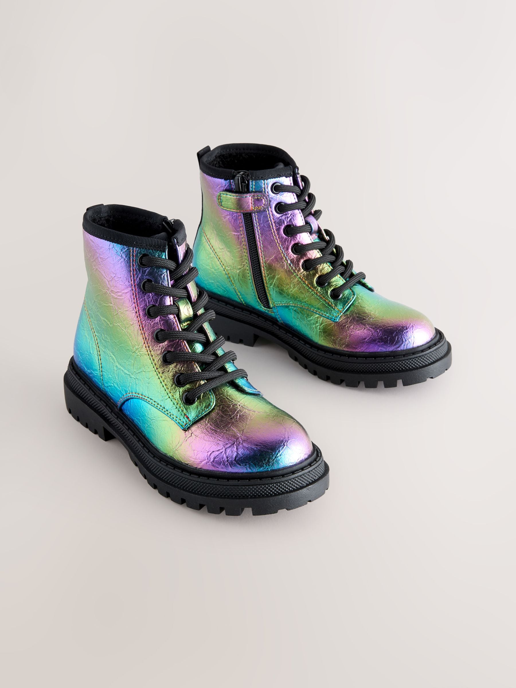 Metallic regenboog - Warmgevoerde enkellaarzen met veters