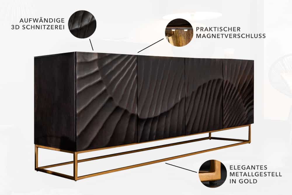 Massives Sideboard SCORPION 180cm schwarz Mangoholz aufwendige 3D Schnitzereien