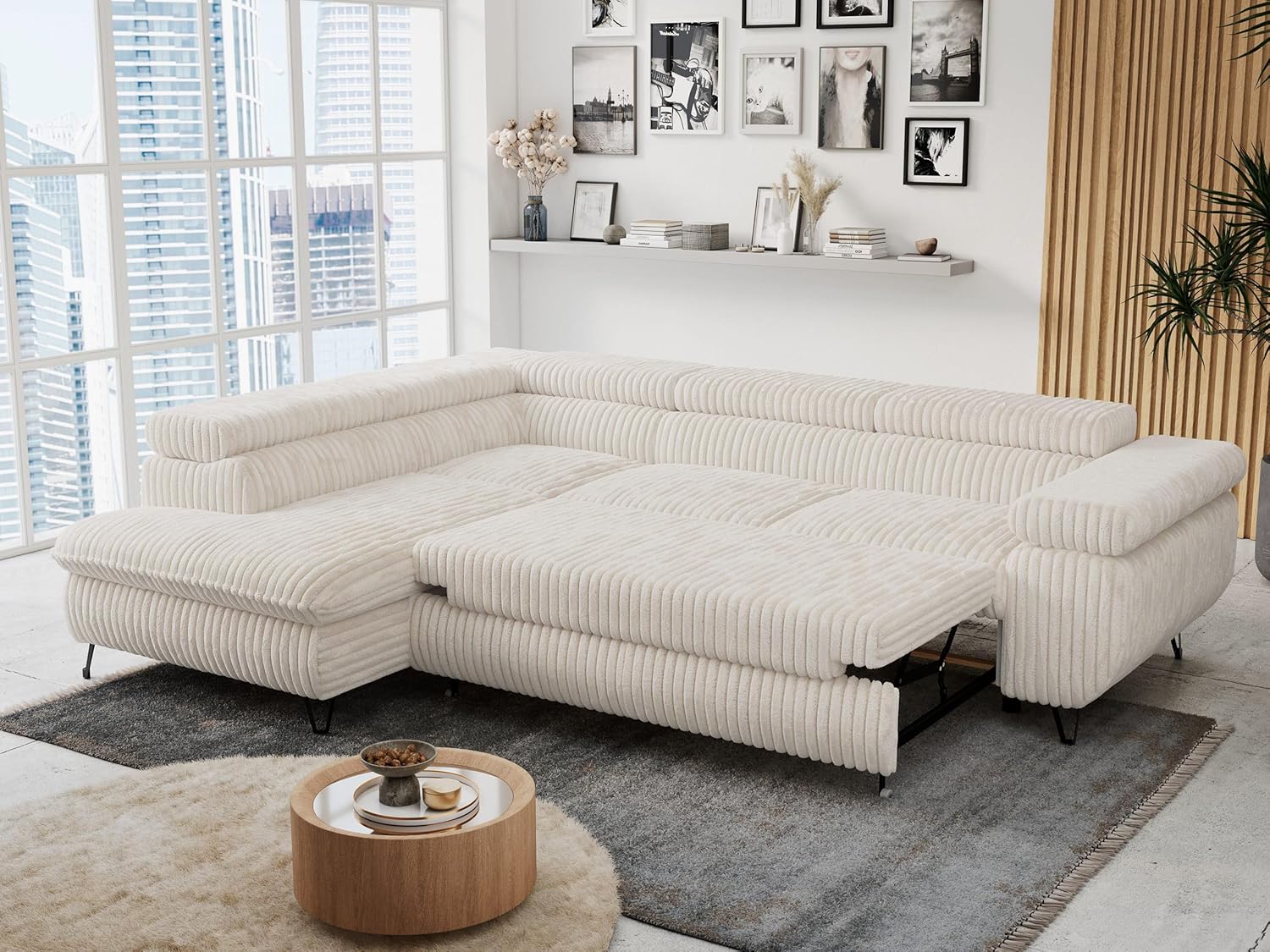 MKS MEBLE Ecksofa Wohnlandschaft L-Form mit Schlaffunktion und Bettkasten, Schlafsofa mit Bettkasten, Sofa mit Einstellbare Kopfstützen, Peter L - Cord - Links Beige