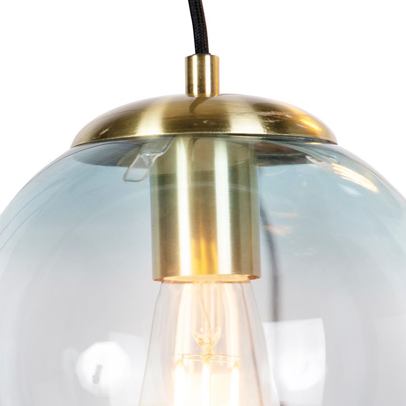 Art deco hanglamp messing met blauw glas 7-lichts - Pallon