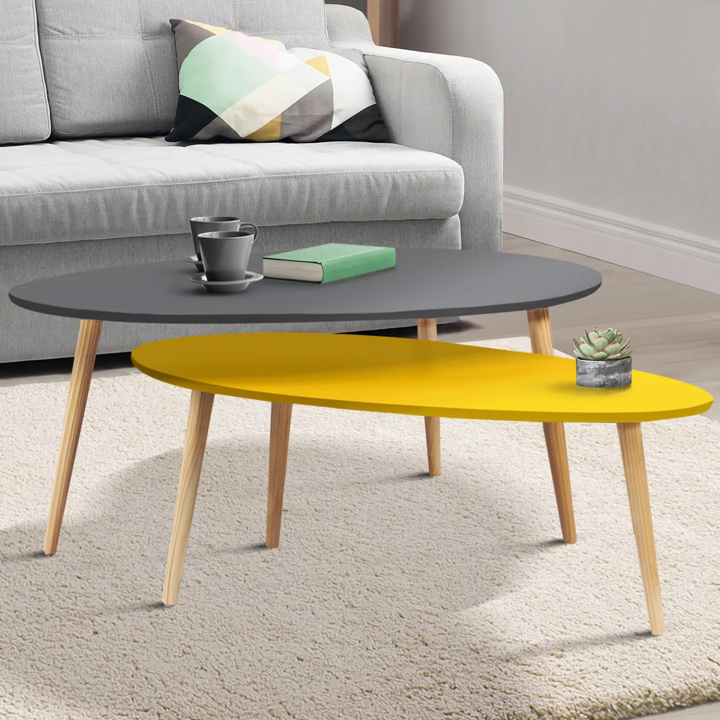 Lot de 2 tables basses gigognes GIGI laquées gris jaune scandinave