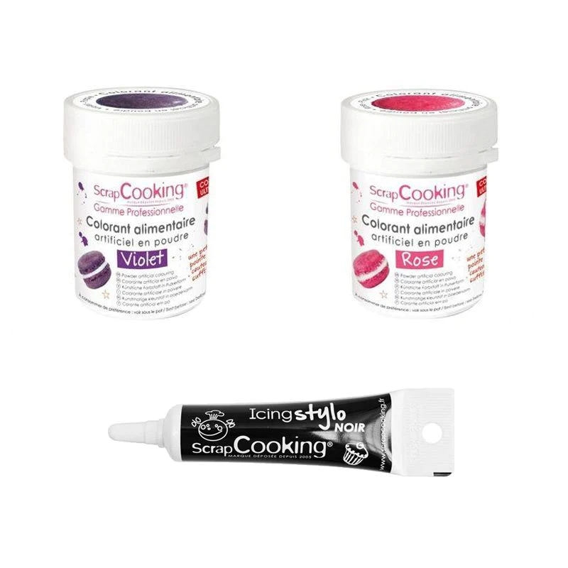 2 colorants alimentaires violet-rose + Stylo glaçage noir Scrapcooking