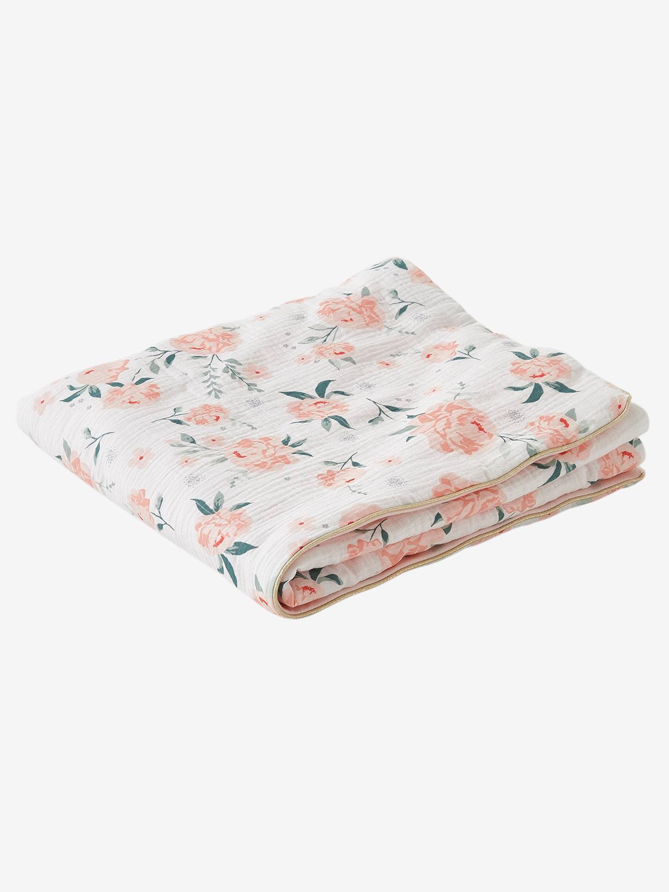 Manta de bebê em gaze de algodão tricotada, lisa, rosa claro com estampas.