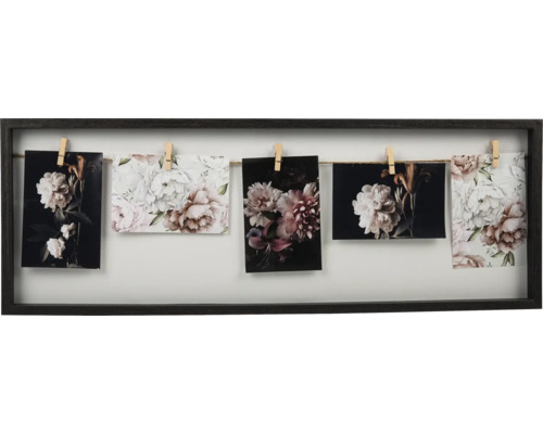 Fotolijst collage, zwart, 70x25 cm, 5 foto's met houten clips