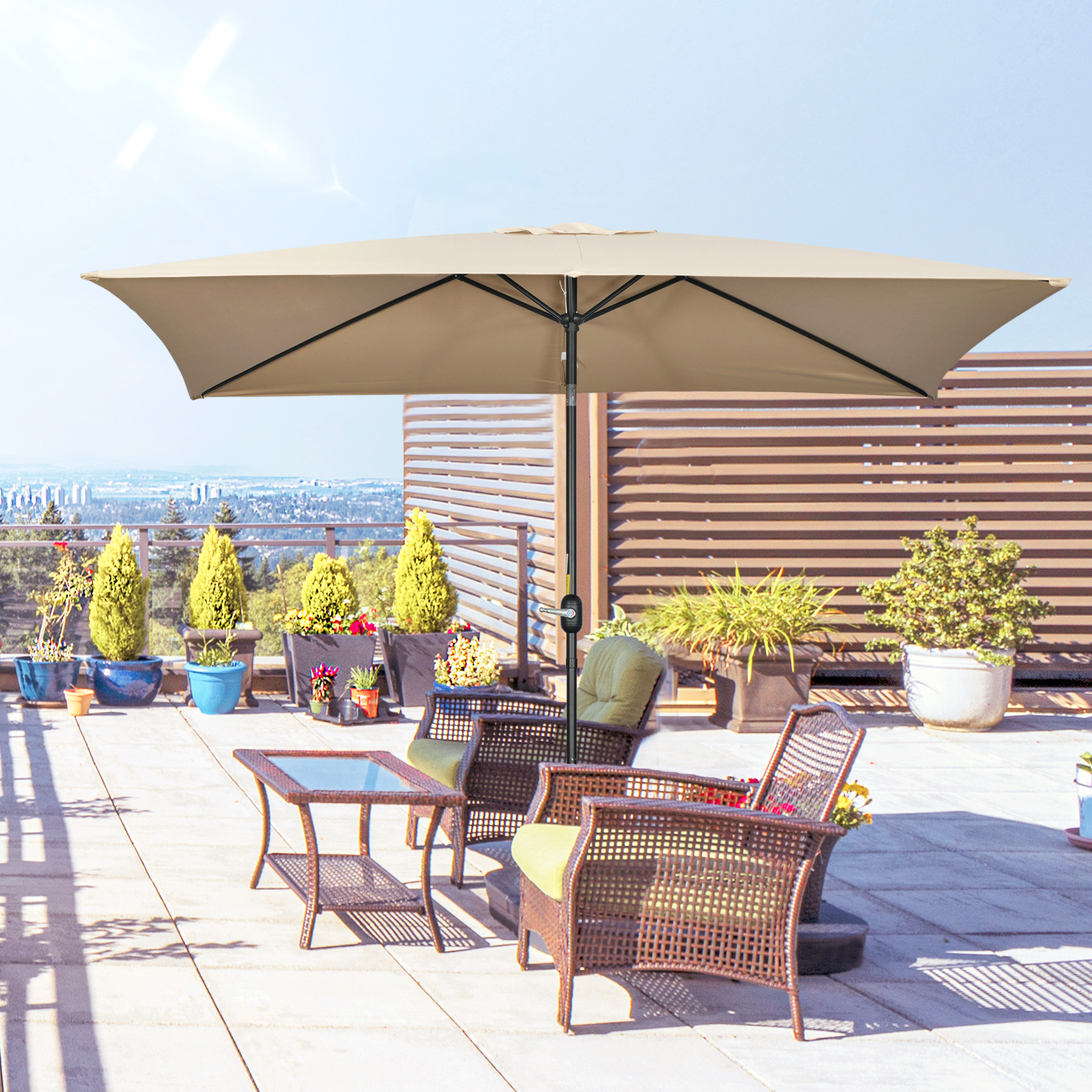Guarda-sol retangular de alumínio Outsunny, 200x300x240 cm, com manivela e mastro removível, ideal para terraços, piscinas, pátios e áreas externas, na cor cáqui.