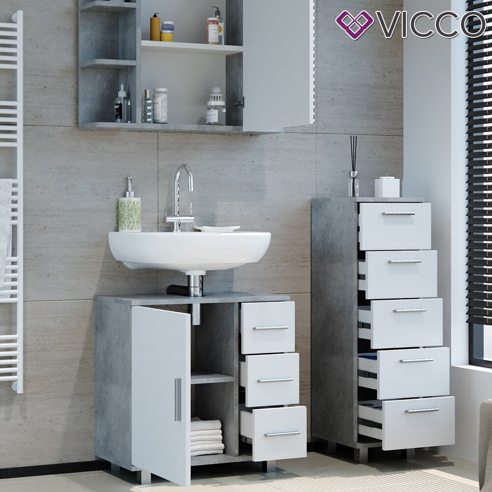 VICCO Badmöbel Set ILIAS Weiß Beton Bad Spiegel Kommode Unterschrank Badschrank