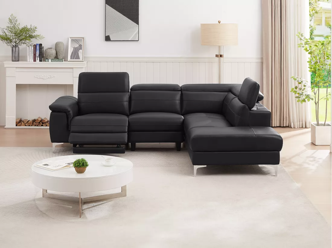 Canapé d'angle droit relax électrique en cuir noir FUSINO