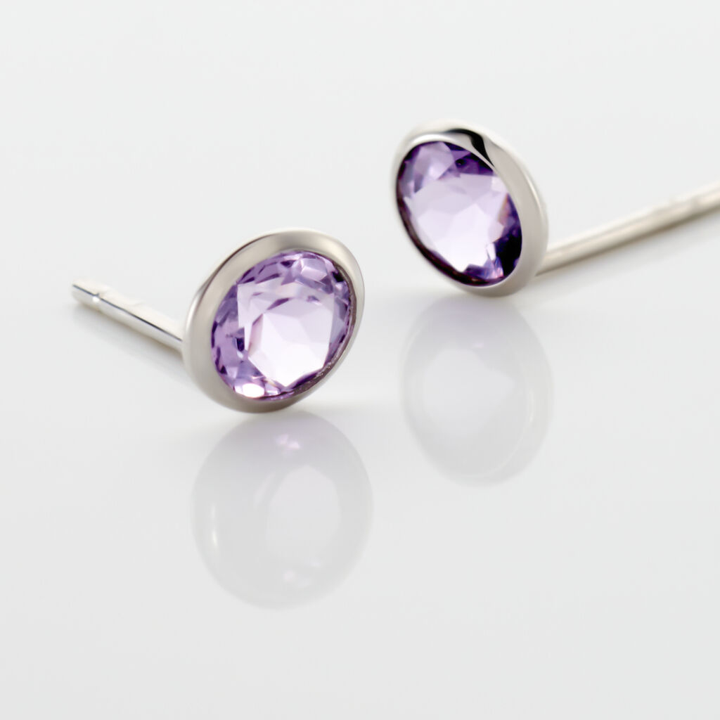 Boucles D'oreilles Puces Edy Serti Clos Or Blanc Amethyste