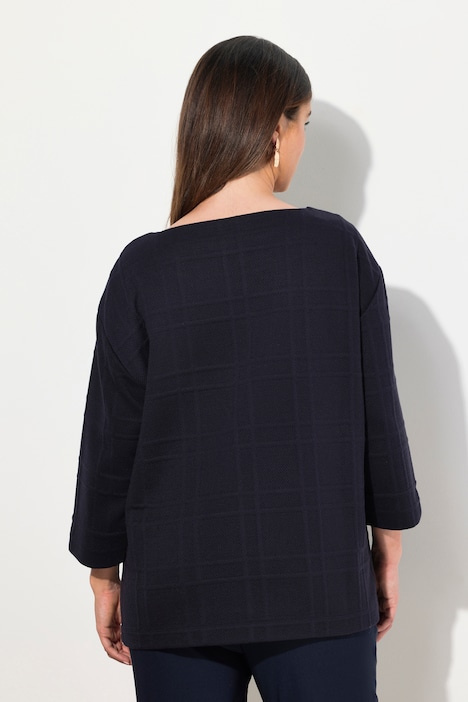 Sweatshirt, Strukturkaro, U-Boot-Ausschnitt, 3/4-Arm