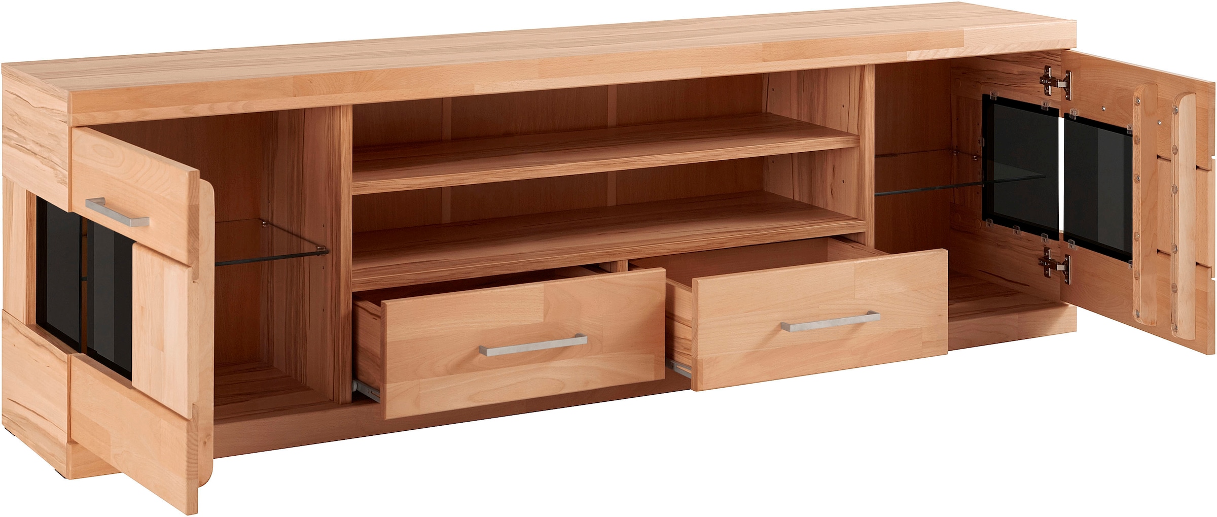 Home affaire Lowboard »Ribe,180cm breit, Fronten Massivholz,6 Fächer,Kabeldurchführung« Korpus Holzwerkstoff,Glaseinsatz aus gehärtetem Glas,Böden versetzbar