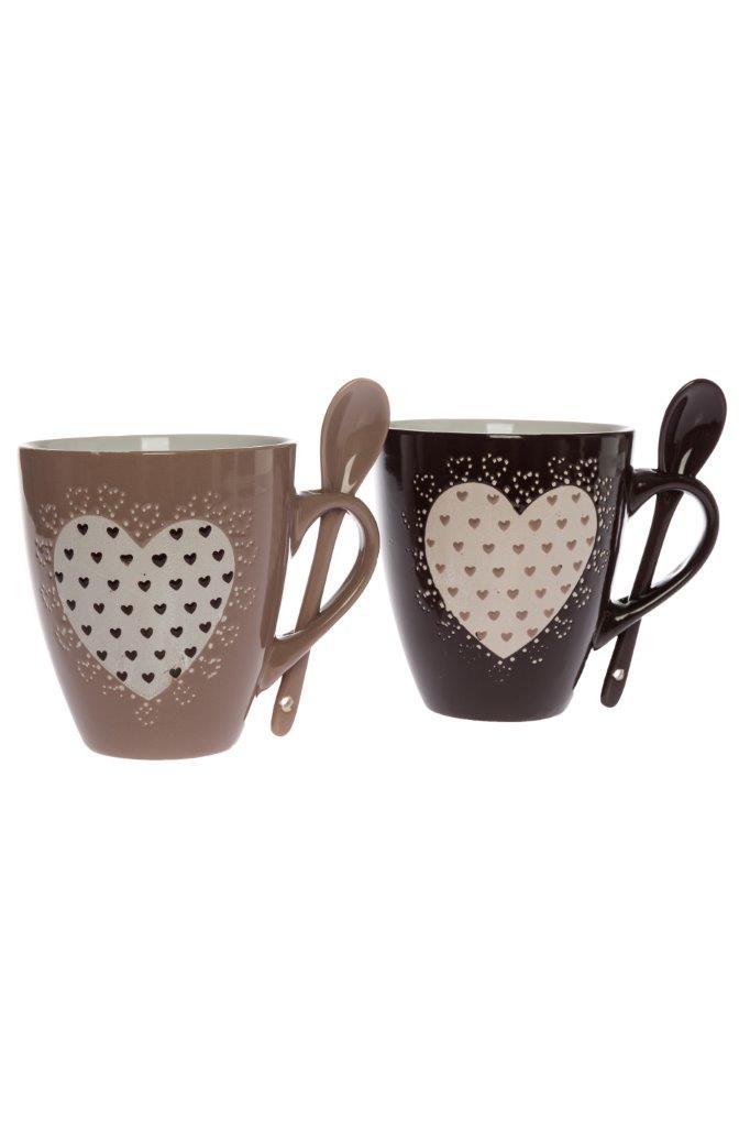 2er Becher-Set mit Löffel DARUN - beige-braun - Porzellan