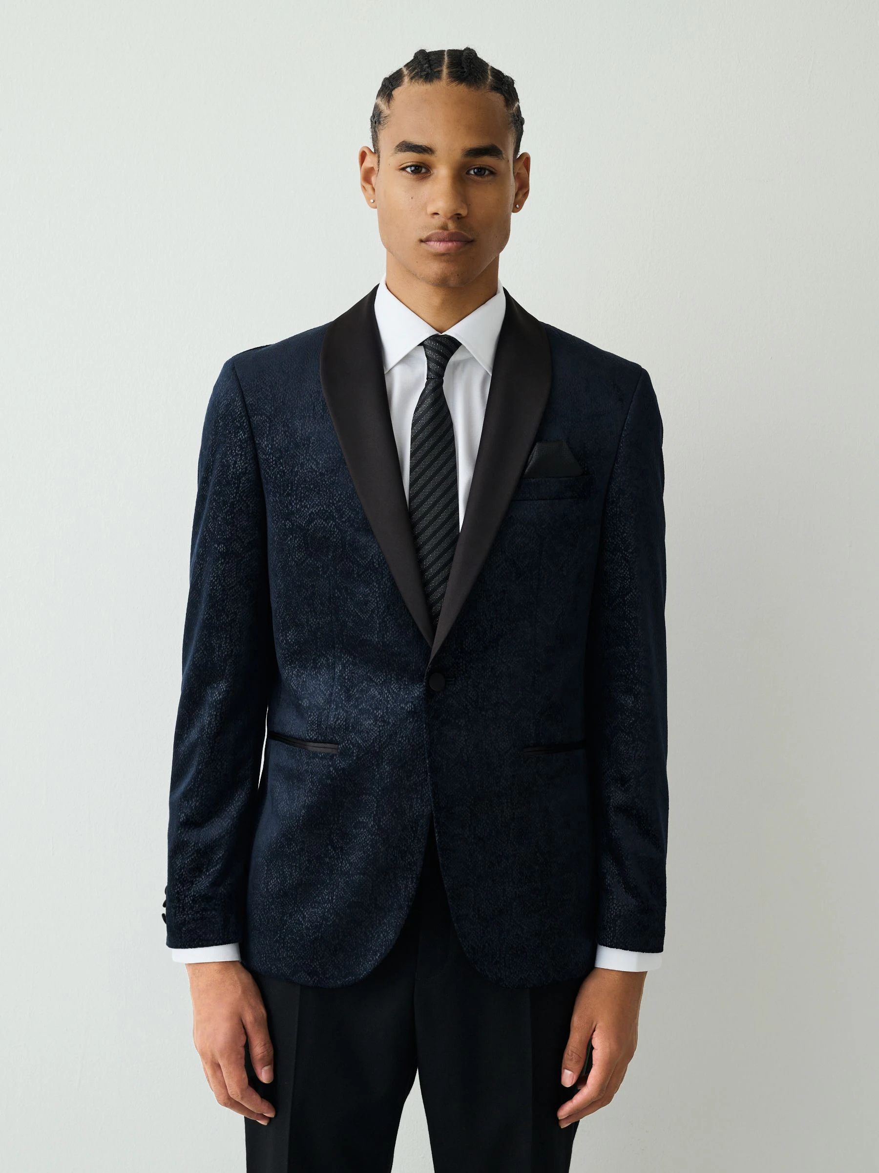 Donkerblauwe slangenprint - Slim Fit - Fluwelen blazer met patroon