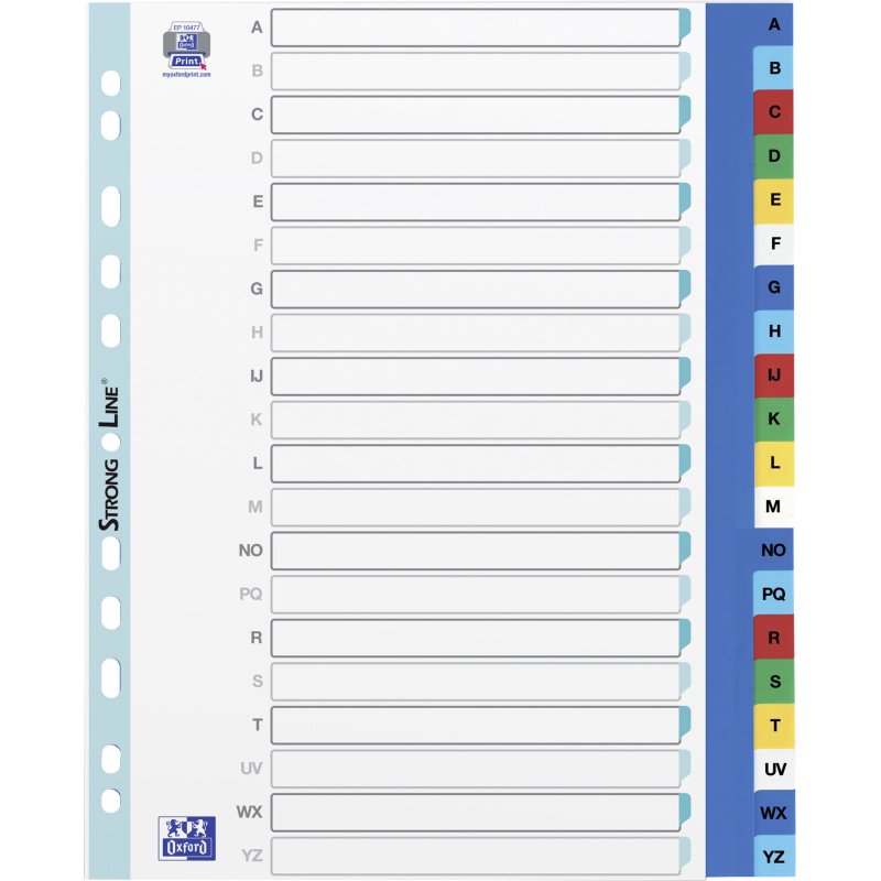 Intercalaire A4+ polypropylène coloré OXFORD 20 onglets alphabétiques multicolores - 1 jeu