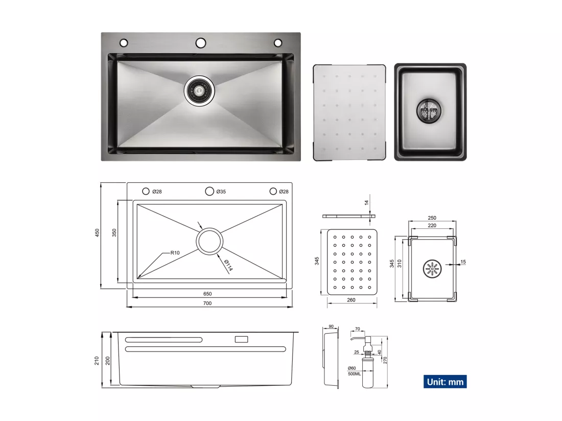 Cecipa max Évier 1 Bac 70×45CM Évier Inox Noir avec Egouttoir + Vasque + Distributeur de Savon (Montage sur le Dessus/Montage à Plat),EU Modèle