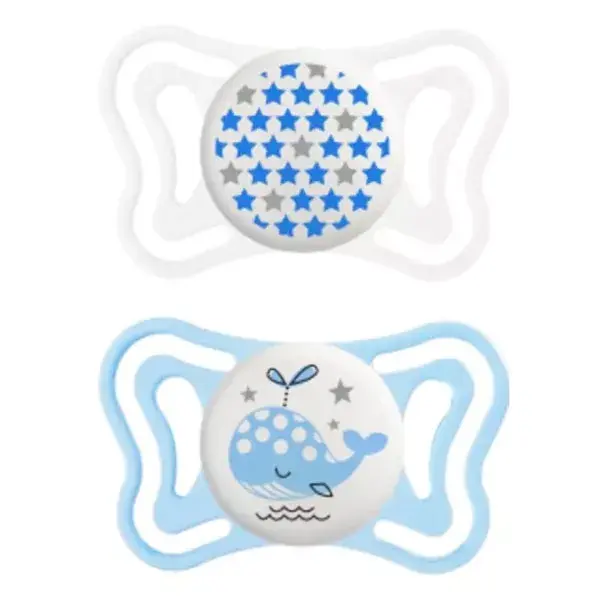 Chicco Physio Forma Light Sucette Silicone Phosphorescente +2m Baleine Étoile Lot de 2 + Boite de Stérilisation