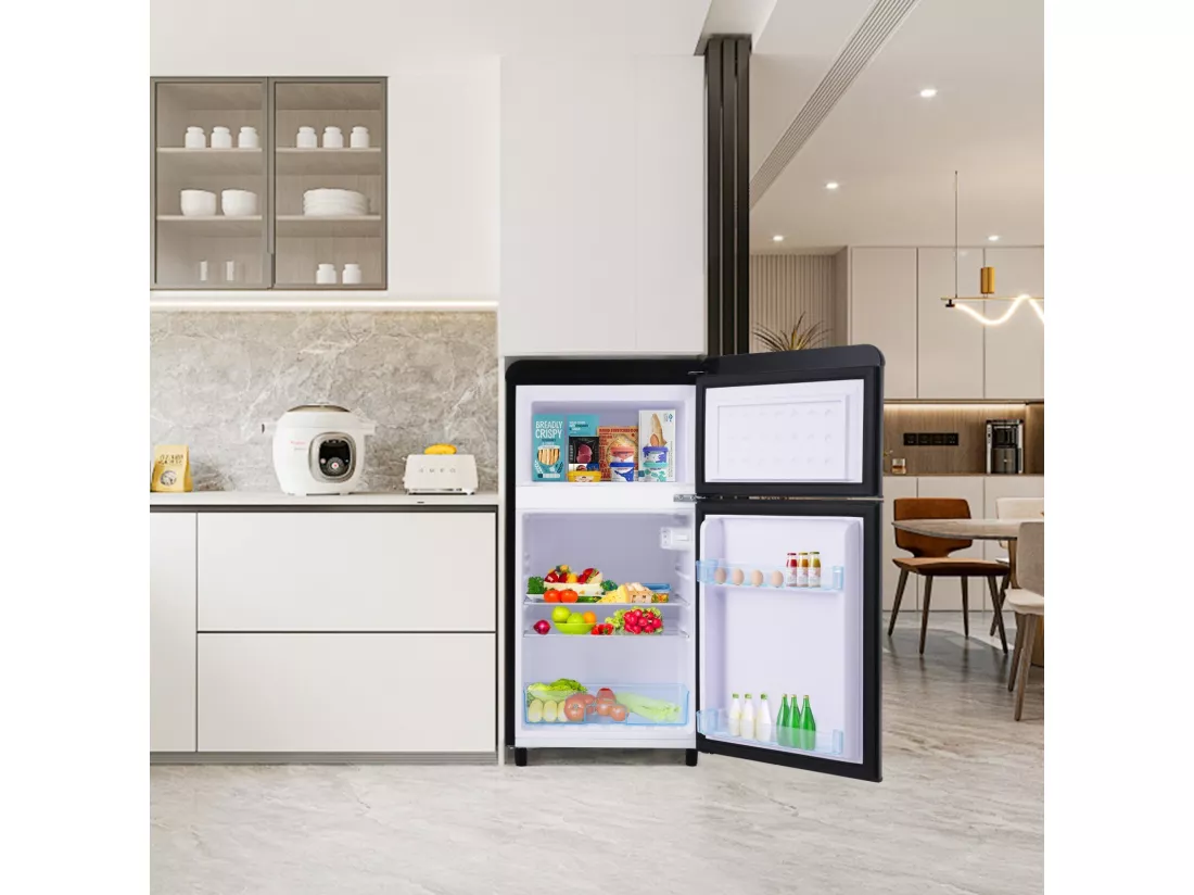 Réfrigérateur à double porte avec pieds réglables et roulettes - 72L - 120kWh/an - Faible niveau sonore de 39 dB - Classe E - 45x46x91cm