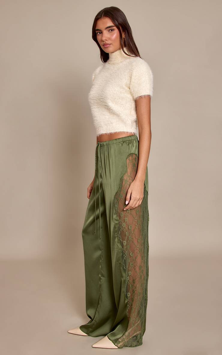 Vert Olive Foncé Pantalon En Satin À Lacets Avec Cordon De Serrage