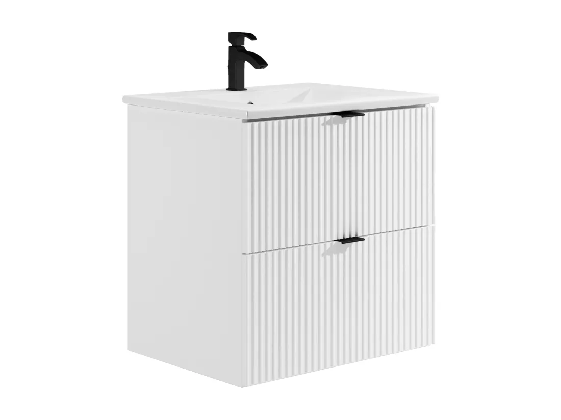 Meuble de salle de bain suspendu strié avec vasque à encastrer et colonne - Blanc mat - 60 cm - ZEVINI