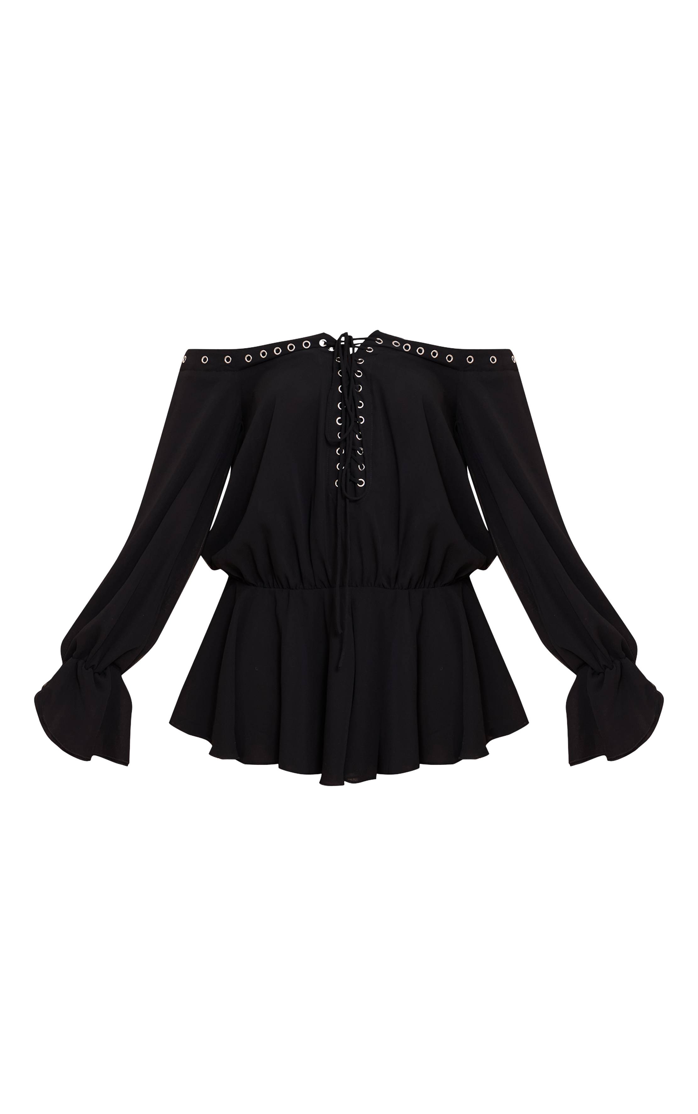 Noir Combishort Fluide Bardot En Mousseline À Manches Longues