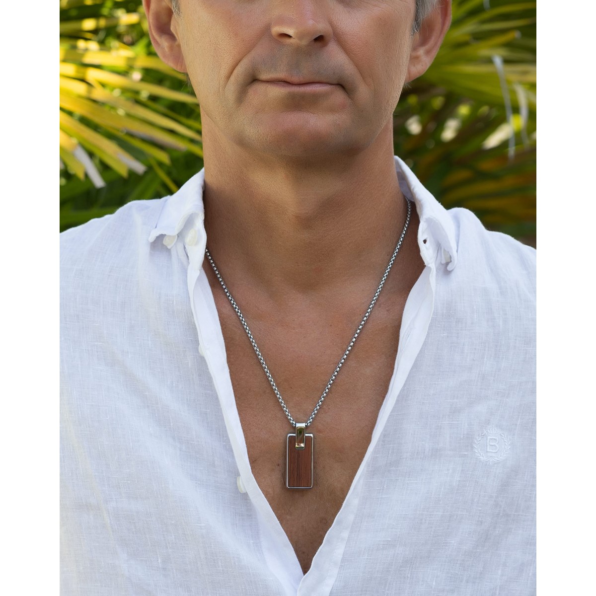 Collier acier avec pendentif croix en bois bubinga 50+5cm