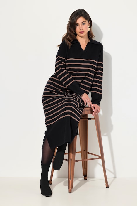 Strick-Midikleid, Streifen, Kragen, V-Ausschnitt, Langarm