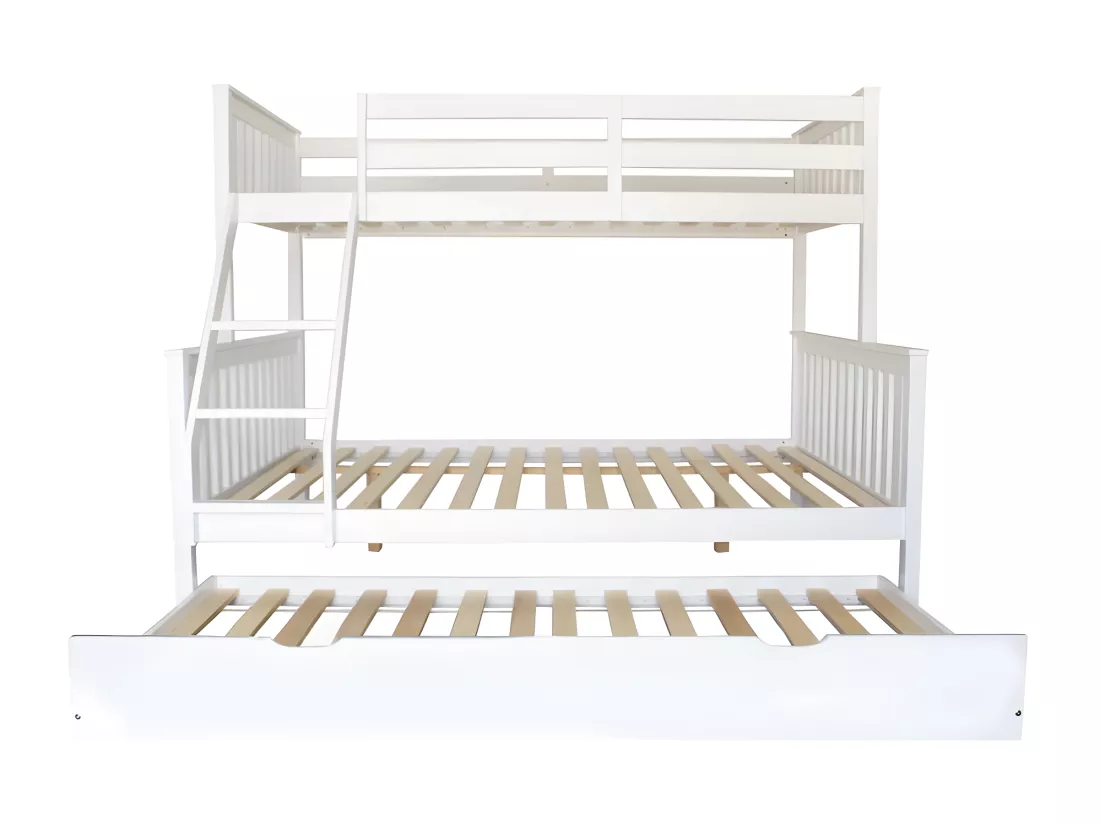 Lit superposé triple + lit tiroir bois blanc 135 cm