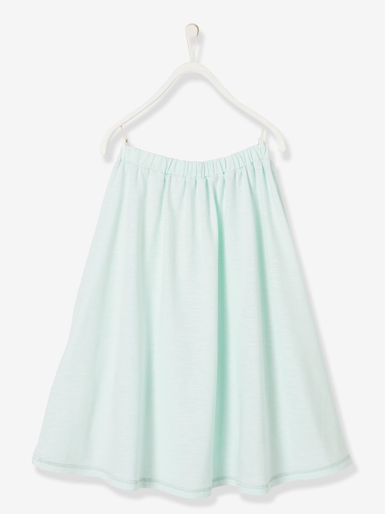 Saia longa para meninas, verde claro lisa com estampas.
