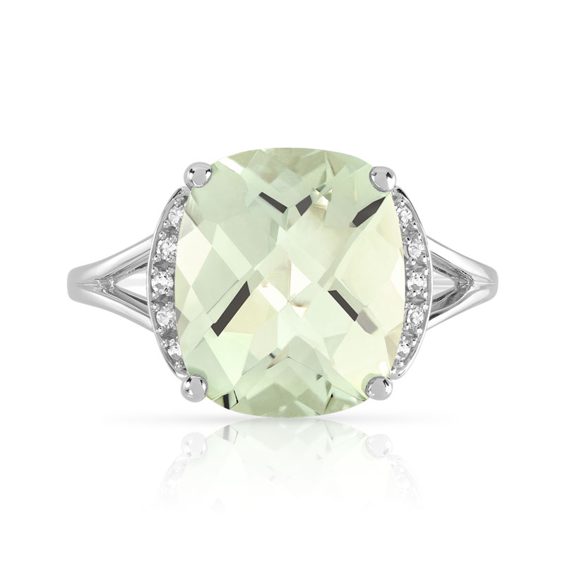Bague or 375 blanc quartz vert carrée et diamants