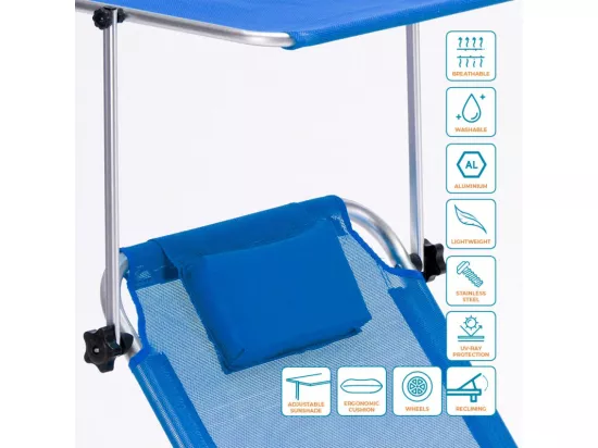 Transat de plage pliable en aluminium roues et parasol Tanjung Benoa