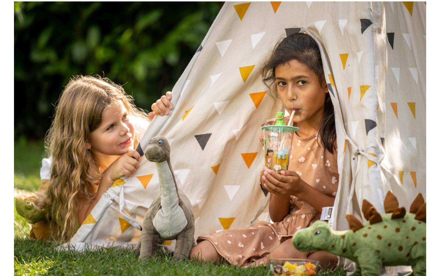 Kindertrinkglas Avventura 215 ml, 3-teilig, DinosaurierTrinkglas für Kinder mit Deckel und Untersetzer