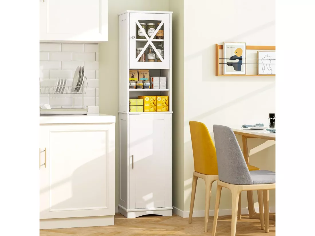 Armoire de Salle de Bain de 170 cm de Hauteur, Meuble de Rangement, Colonne, 5 Étagères Réglables, Placards à Porte, 2 Compartiments, Gain de Place, 30 x 40 x 170 cm, Blanc