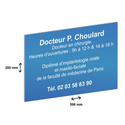 Plaque professionnelle en aluminium anodisé - personnalisée avec votre texte - 300 x 200 mm - Epaisseur 1 mm - bleue - adhésivée prête à poser