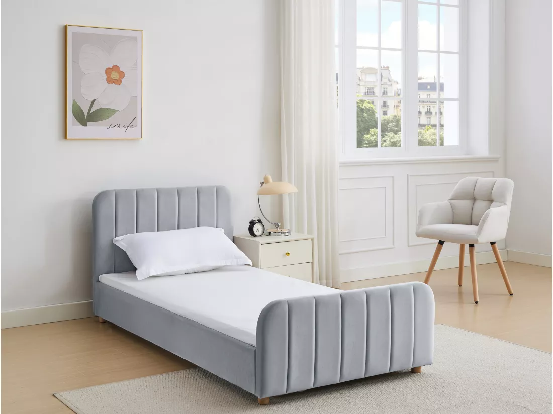 Lit 90 x 190 cm - Velours avec coutures verticales - Gris + Matelas - ROGADI