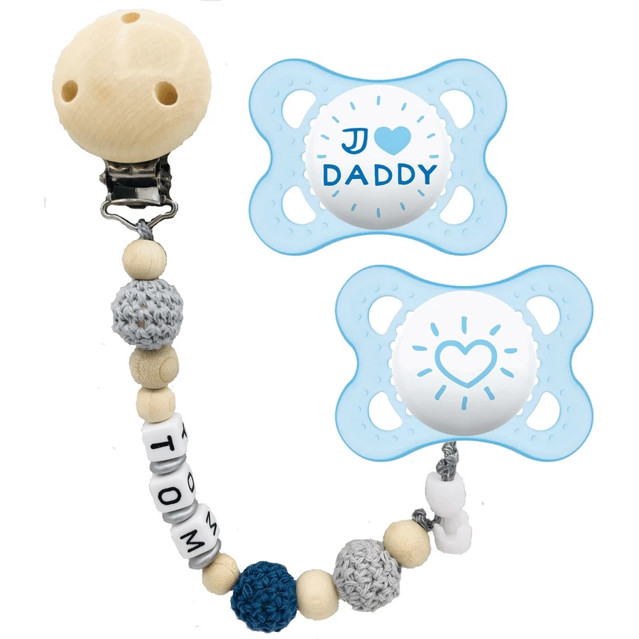 Schnullireich Schnullerkette mit Namen + MAM Schnuller Daddy 2-6 Mon. Blau