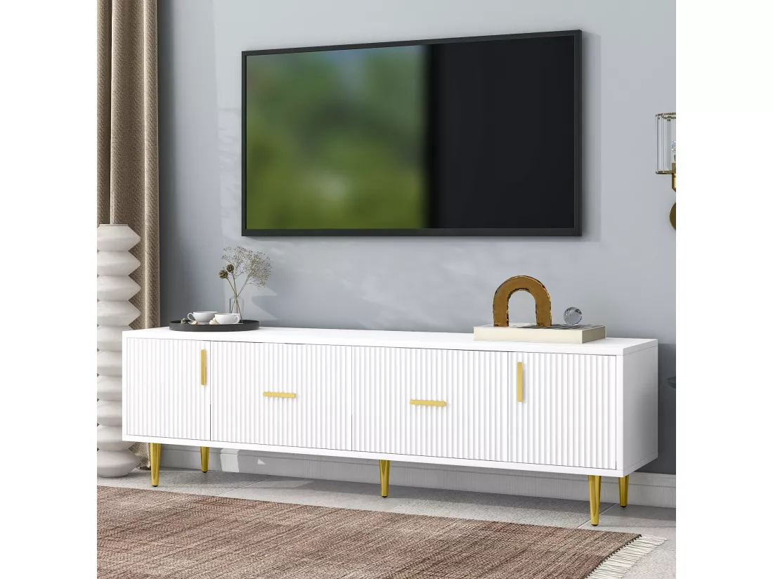 Meuble TV design élégant avec rayures verticales blanc façade poignées dorées avec 2 tiroirs L170 cm DERLA