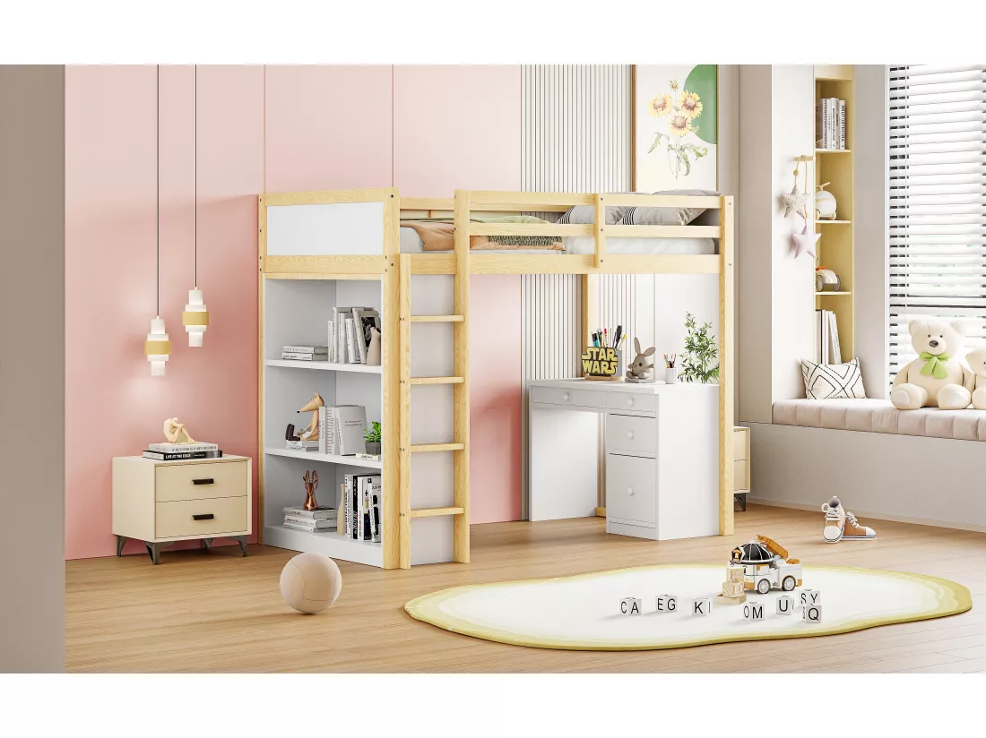 Lit mezzanine 90 x 200 cm avec armoire de rangement et bureau d'ordinateur - bois massif et MDF - naturel et blanc (sans matelas)