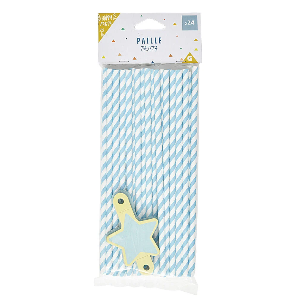 Paille bleu et étiquette étoile en papier x 24