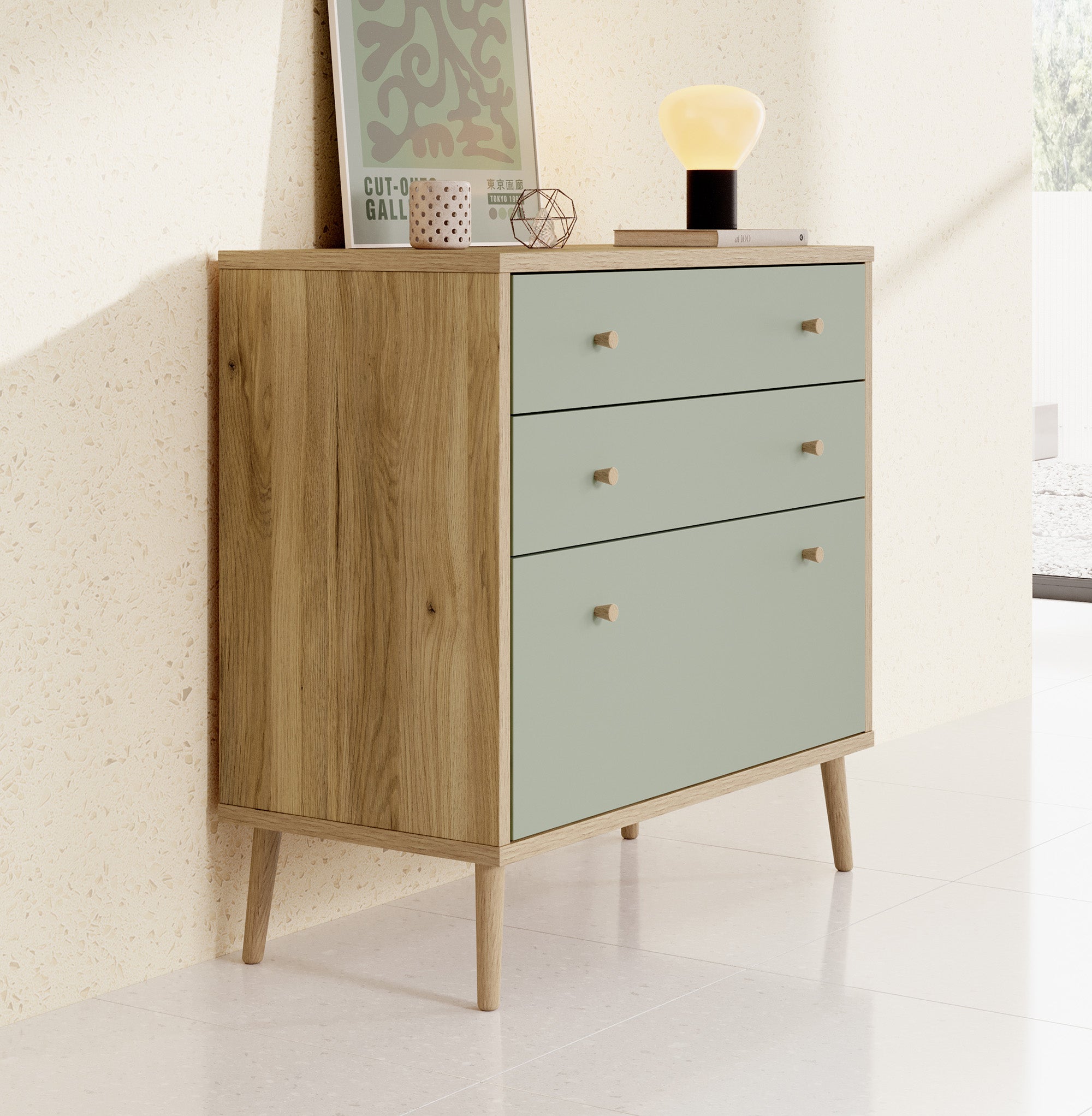 Meubella - Ladekast Wally - Licht eiken - Groen - 90 cm
