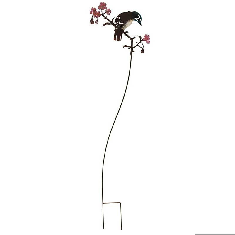Tuteur oiseau sur branche rose 93x23cm