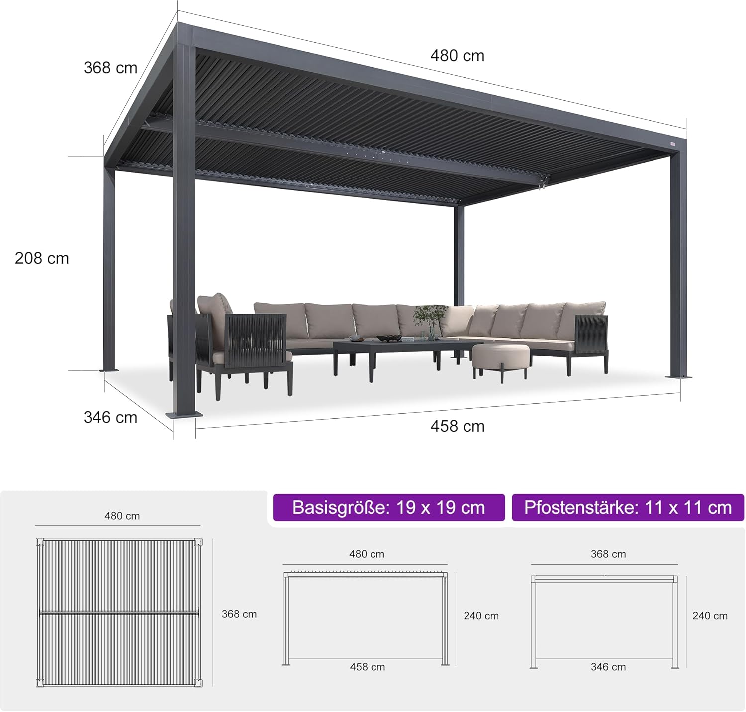 PURPLE LEAF Pergola 3.65 x 4.8 m mit Sonnenrollo Lamellenpergola Wasserdicht Stabil Winterfest Alu Lamellenpavillon für Terrasse, 1 Lange Seite und 1 Kurze Seite für Garten, Grau