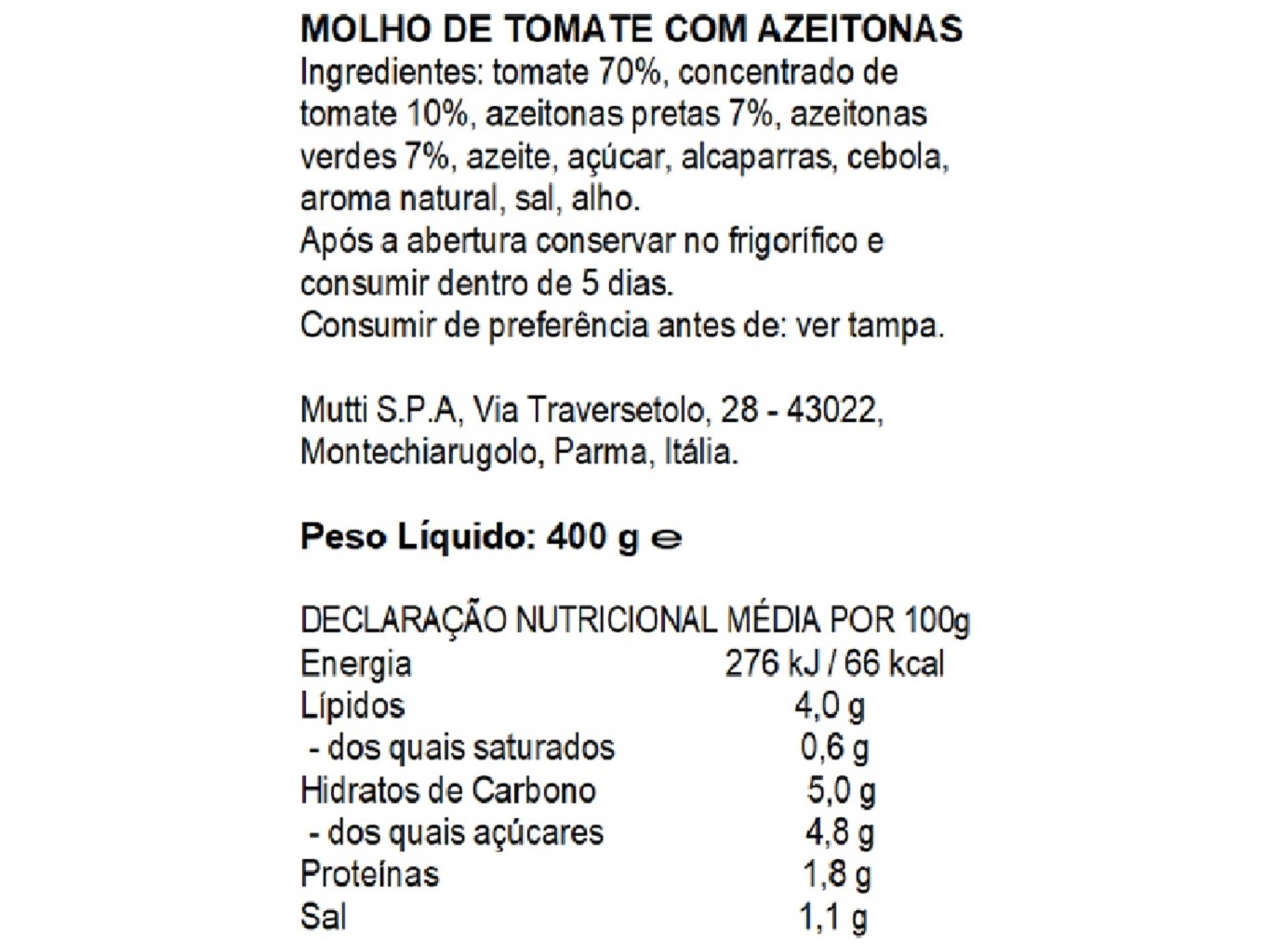 MOLHO MUTTI DE TOMATE COM AZEITONAS 400G