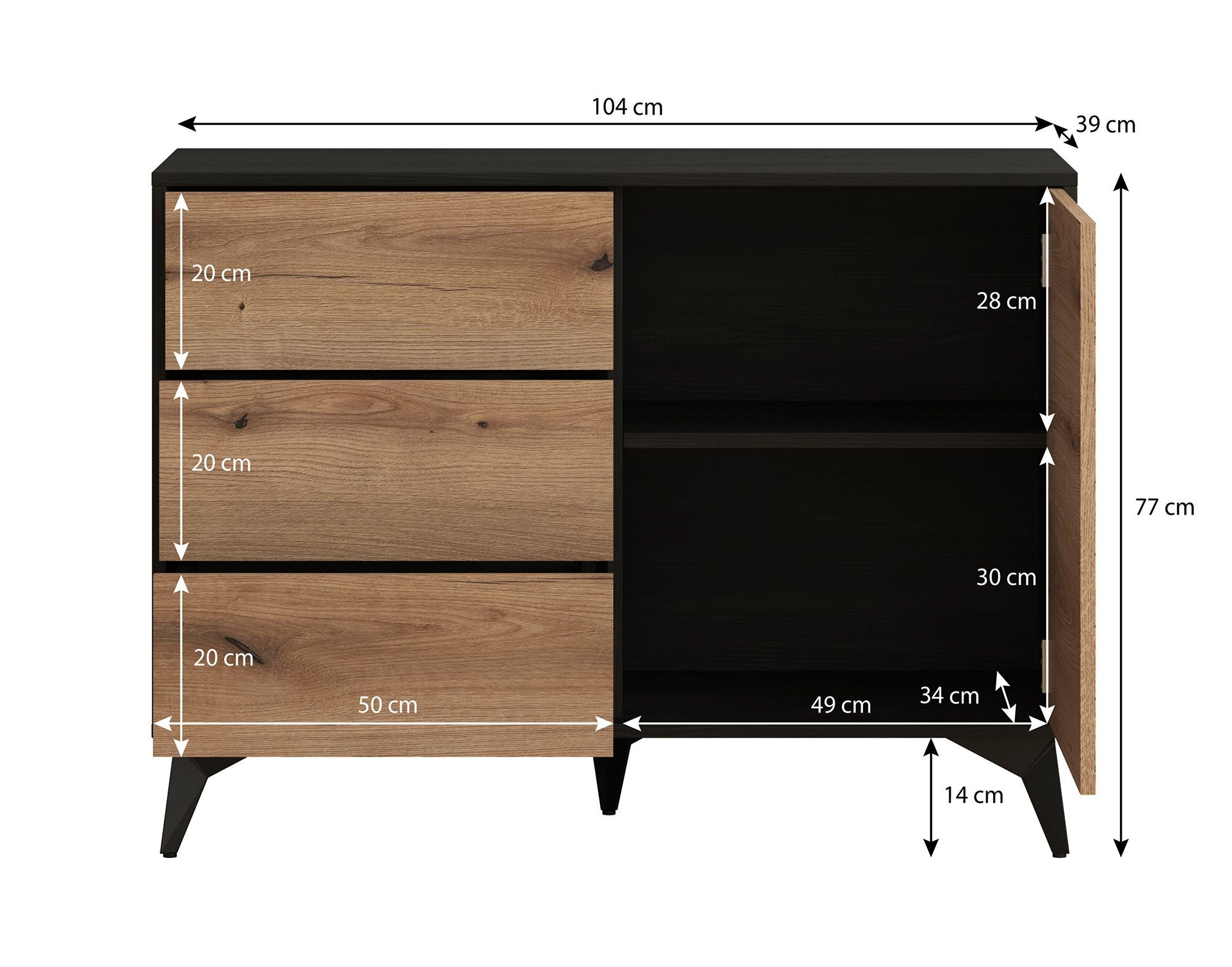 Dolores 3 - Dressoir - Eiken/zwart - 104x39x77 cm