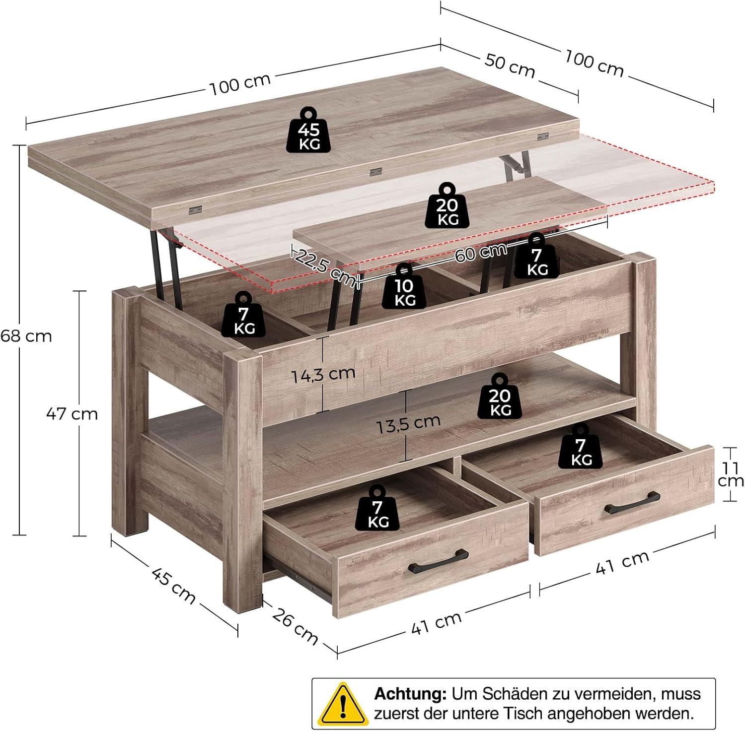 Rolanstar Couchtisch Höhenverstellbar, Wohnzimmertisch mit Schublade & verstecktem Fach, Kaffeetisch umwandelbar in Esstisch, 100 x 50 cm Sofatisch aus Holz