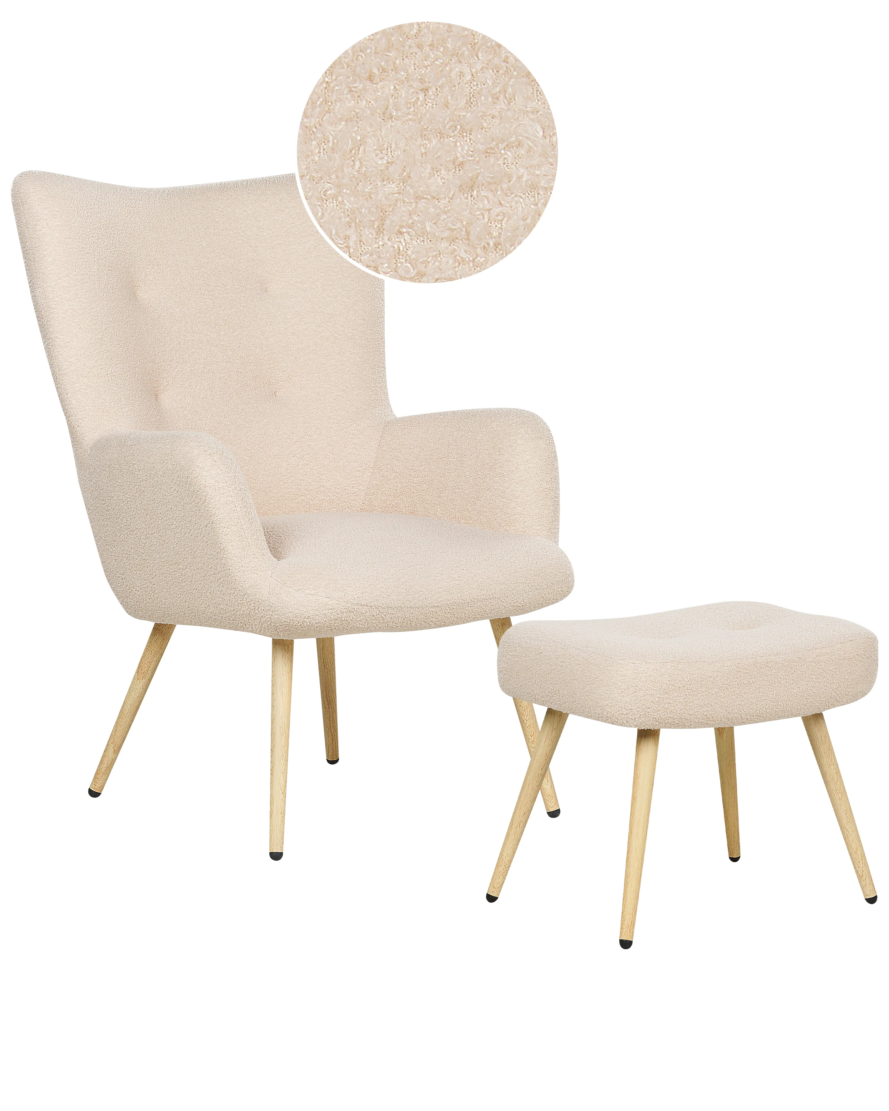 Oorfauteuil VEJLE met voetenbank Bouclé Beige
