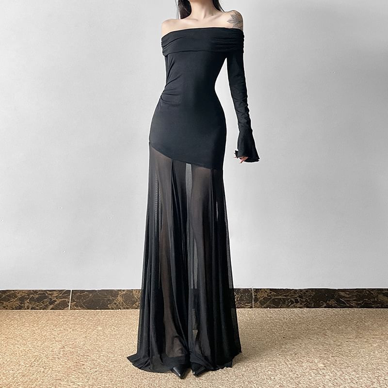 Honet - Lange mouw off-shoulder effen mesh paneel doorschijnende maxi bodycon jurk
