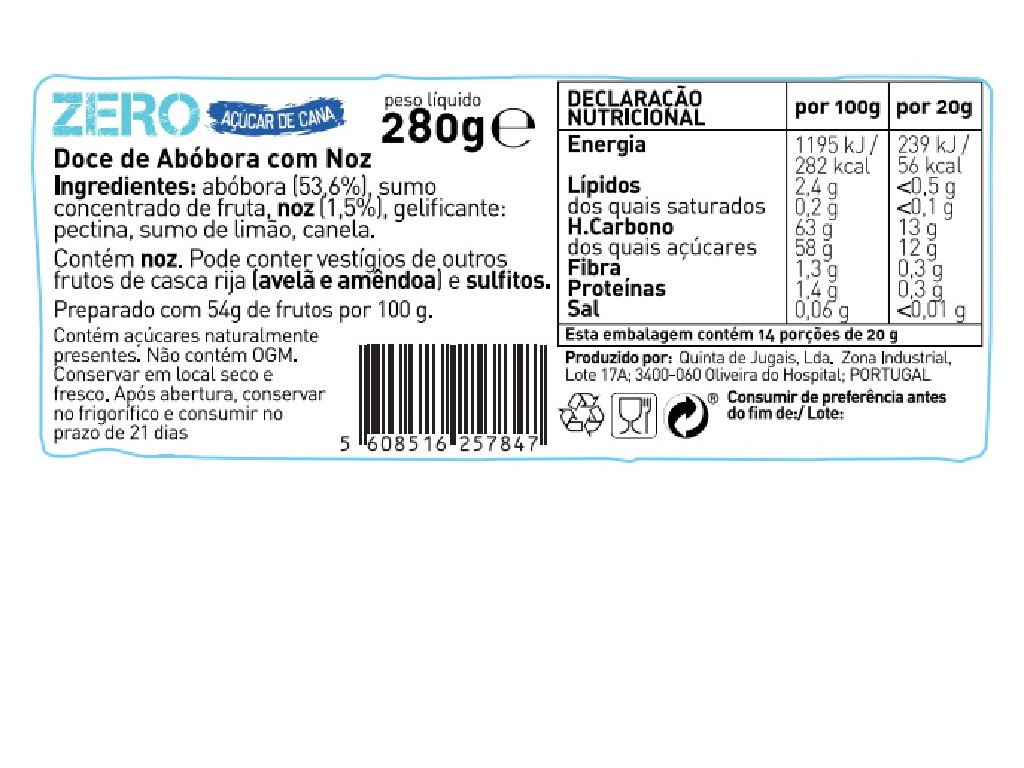 DOCE ZERO JUGAIS ABOBORA NOZ 280G