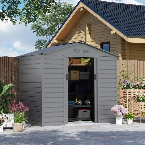 Verktøybod i galvanisert stål 2,43? 213x131x192cm Redskapsbod med gavltak, låsbar skyvedør, værbestandig hagebod, Utendørs hageskur for bakgård uteomr