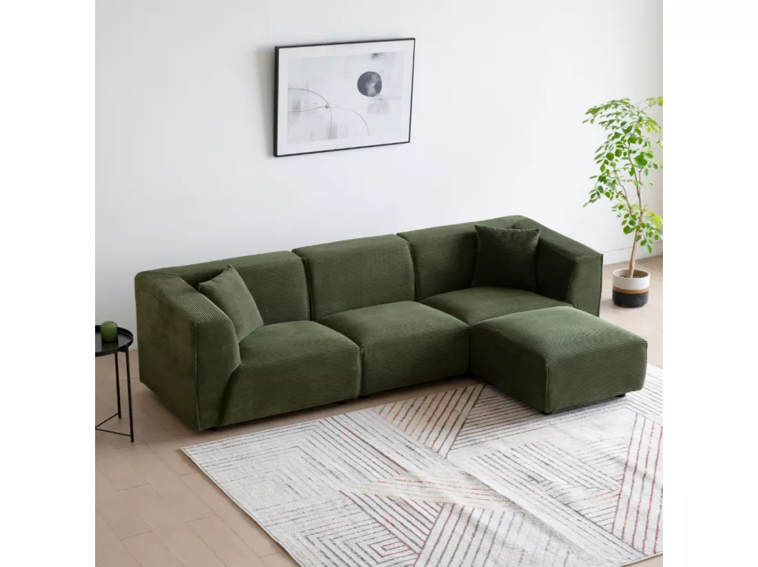 Canapé modulable 4 places: canapé droit 3 places + 1 pouf en velours côtelé vert Monroe