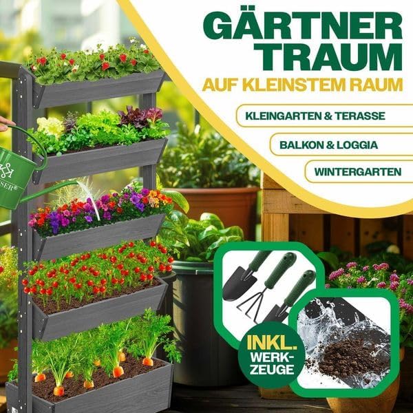 KESSER® Hochbeet mit 5 Etagen Premium Blumenkasten Blumentreppe Pflanztreppe Gemüsebeet Kräuterbeet Pflanzkübel Frühbeet Blumenbeet Pflanzkasten mit Gartenvlies - Beet inkl. Schaufelset, Anthrazit