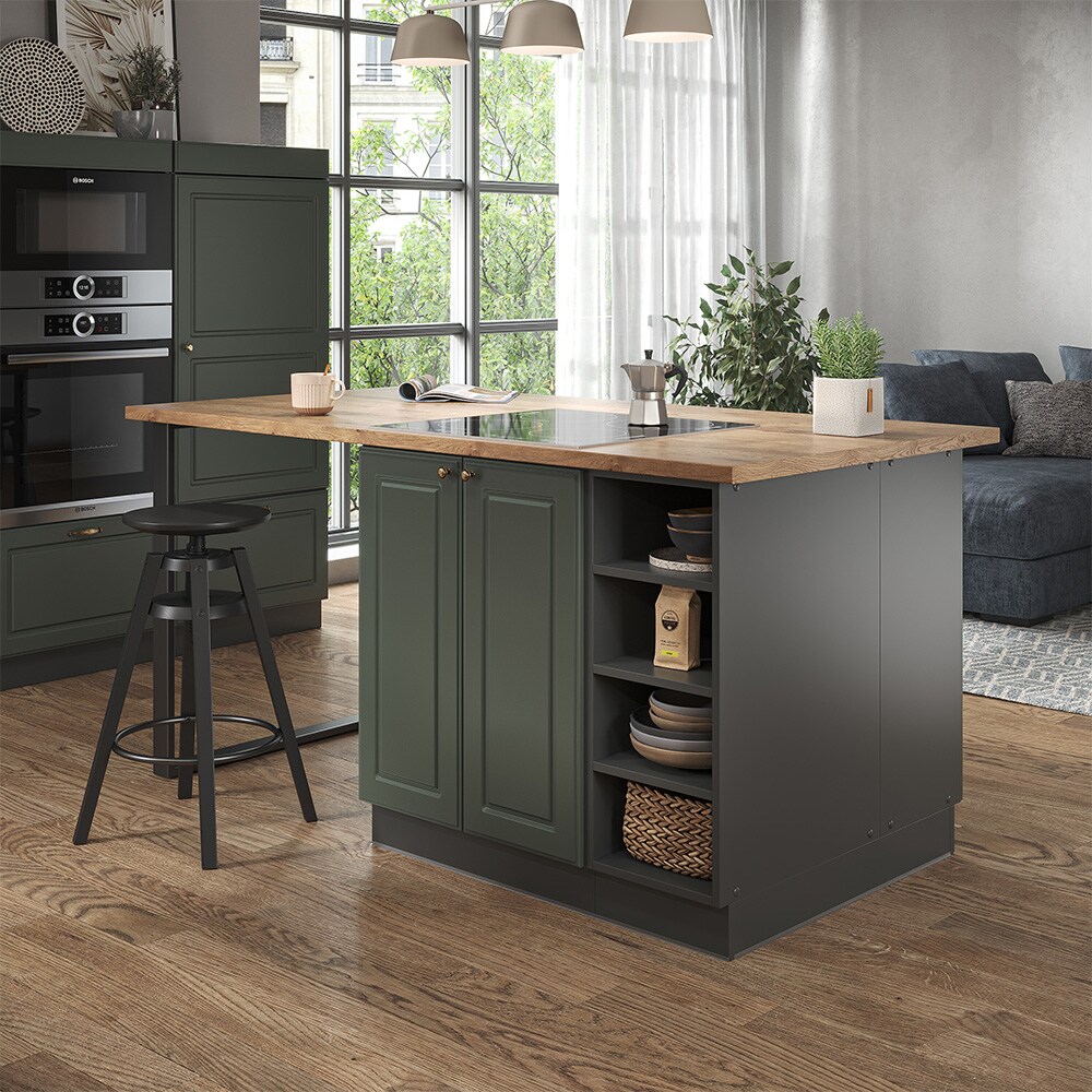 Vicco Kücheninsel Küchenblock Einbauküche Fame-Line Landhaus Anthrazit Grün 90 cm Gold Küchen Schränke Regalunterschrank Küchenunterschrank Regalinselunterschrank Softclose-Scharnier Küchenmöbel
